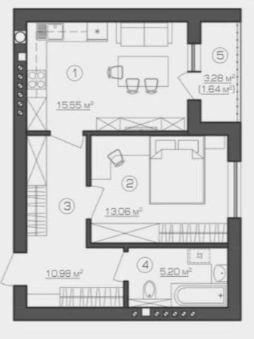 Велика 1-кімнатна квартира 46 м² | Газ | Цегляний будинок ЖК Бріквуд