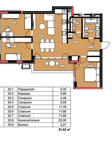 ЖК Central Park (друга черга будівництва) 81,82 м² | 3 спальні | 25,36 м² кухня-вітальня | 2 санвузли | балкон ЖК Central Park