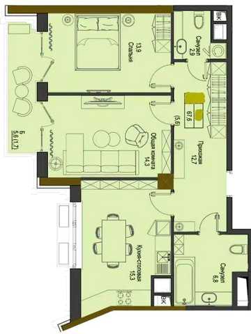 2-комнатная квартира 67,6 м² ЖК Первый Французский Французский бульвар ЖК Первый Французкий